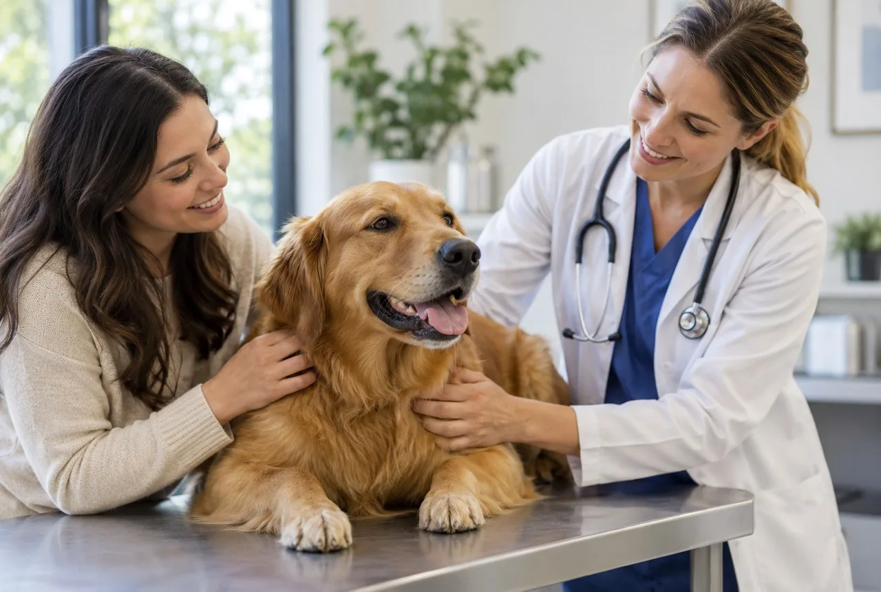Owner and golden-colored dog on veterinary examination table with veterinarian