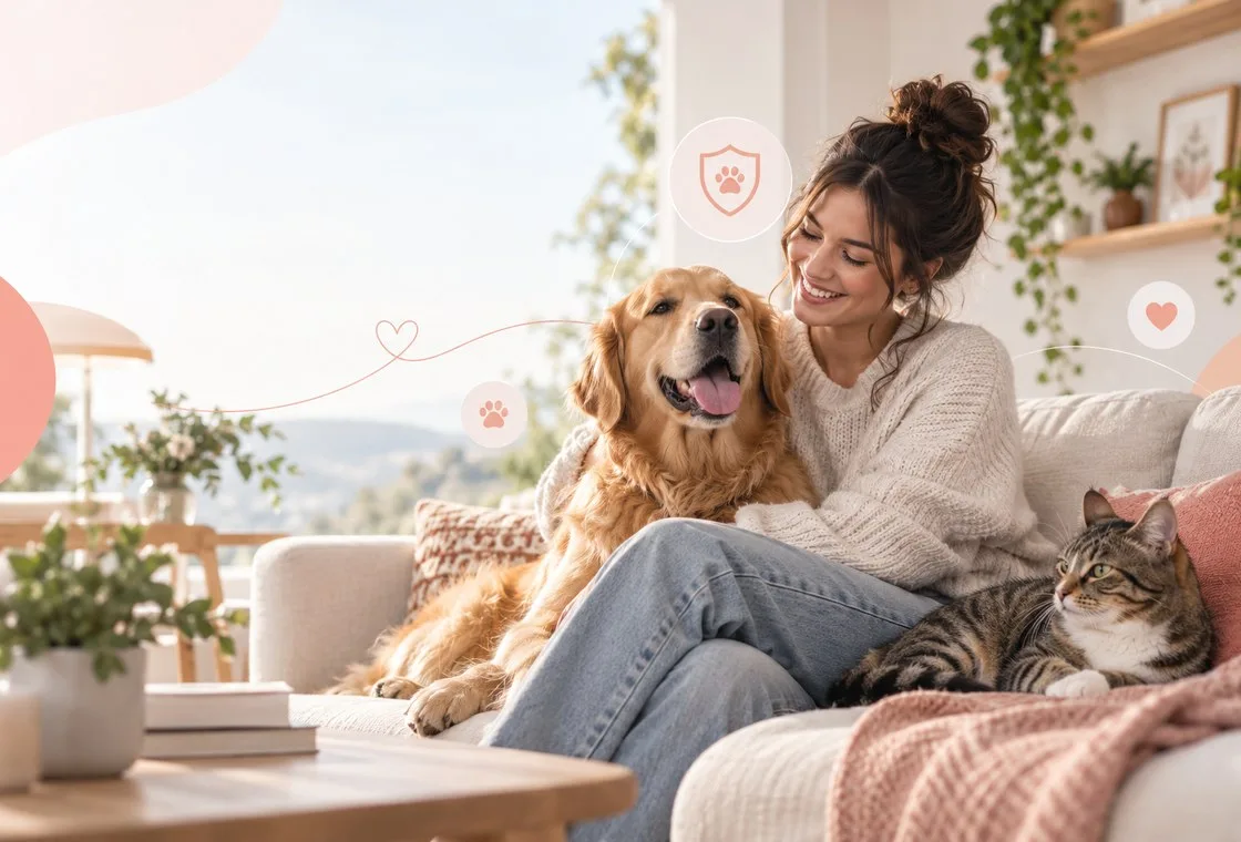 Woman on sofa beside golden-colored dog and tabby cat; coral graphics